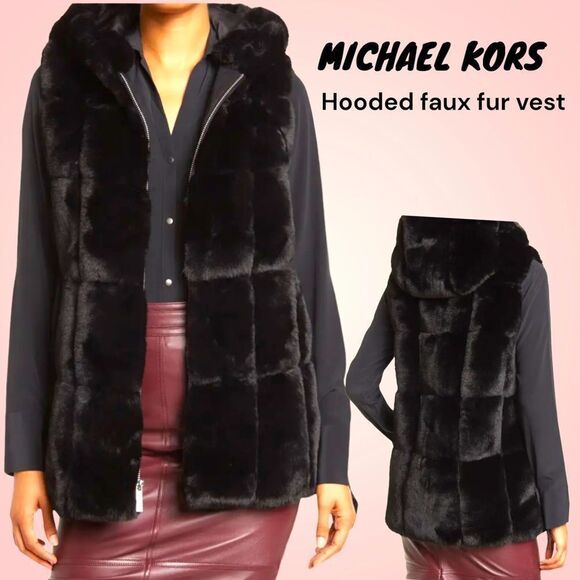 MICHAEL KORS NEW WITH TAGS WINDOWPANE BLACK FAUX FUR HOODED VEST JACKET MEDIUM - Picture 2 of 13